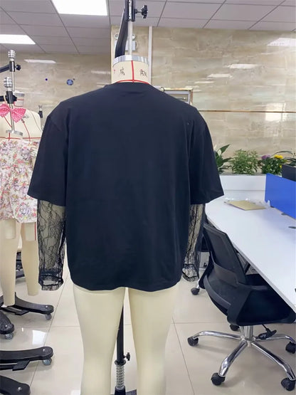 Women Round Neck T-Shirt Lace Long Sleeve Casual Shirts Spring Fall Loose Fit Tops Ladies Solid Color Tee for Streetwear Y2K 00s