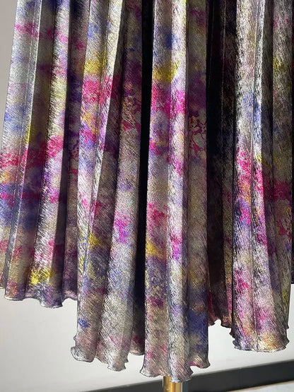 Shiny Colorful Luxury High Waist Metallic Pleated Midi Skirt 2025 Fashion Trends Elastic Waistband Pleated Skirt Old Money Style