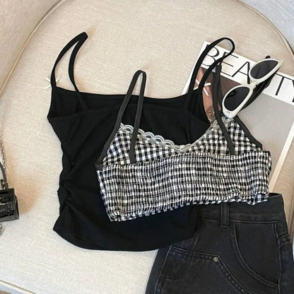 Sexy Plaid Tank Top With Chest Pad Fashion Slim Vest Women Backless Innerwear Camisole Sweet Spicy Girl Women Summer Top 2025