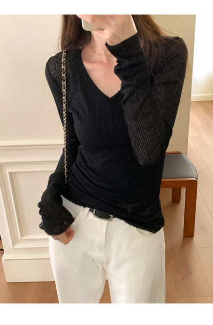 Autumn Sexy Classic V-neck Knitted Female T-shirts New Elastic Fashion Slim Simple Casual Pure Color Long Sleeves Women T-shirts