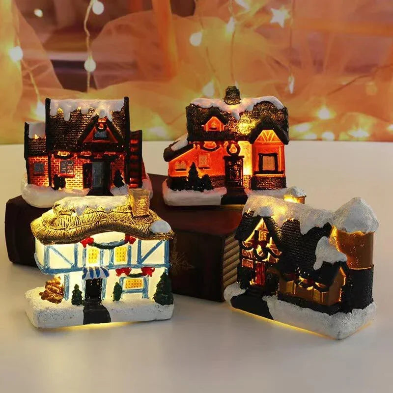 Christmas Resin House Light Christmas Glow Ornaments New Year Bedroom Decoration Kids Xmas Gift Micro Landscape Night Lights