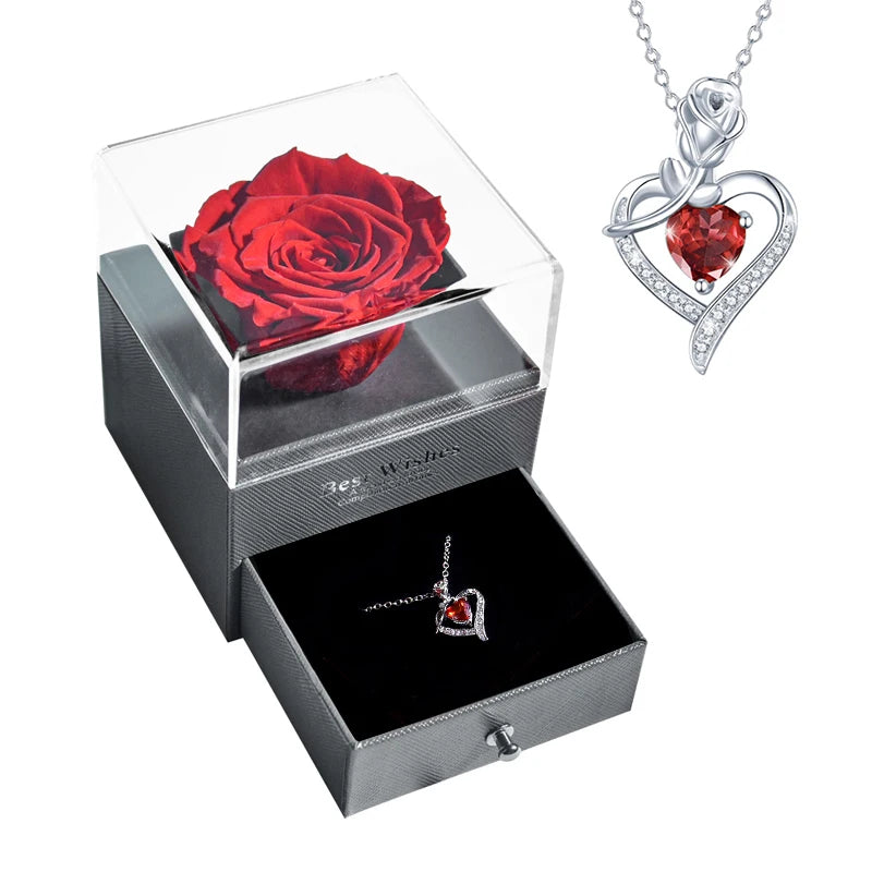 New Fashion Pendant Necklace In Rose Flower Jewelry Gift Box Preserved Rose Necklace Set Wedding Christmas Gift for Girlfriend