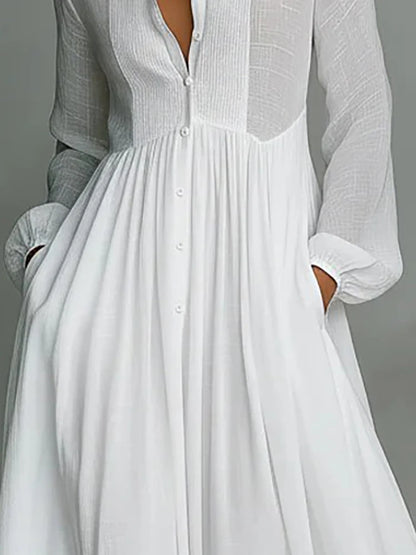 Spring Women's Standing Collar Long Sleeved Loose Dress White Button Pockets Holiday Robe Dress Fashion Pleated High Waist Dress