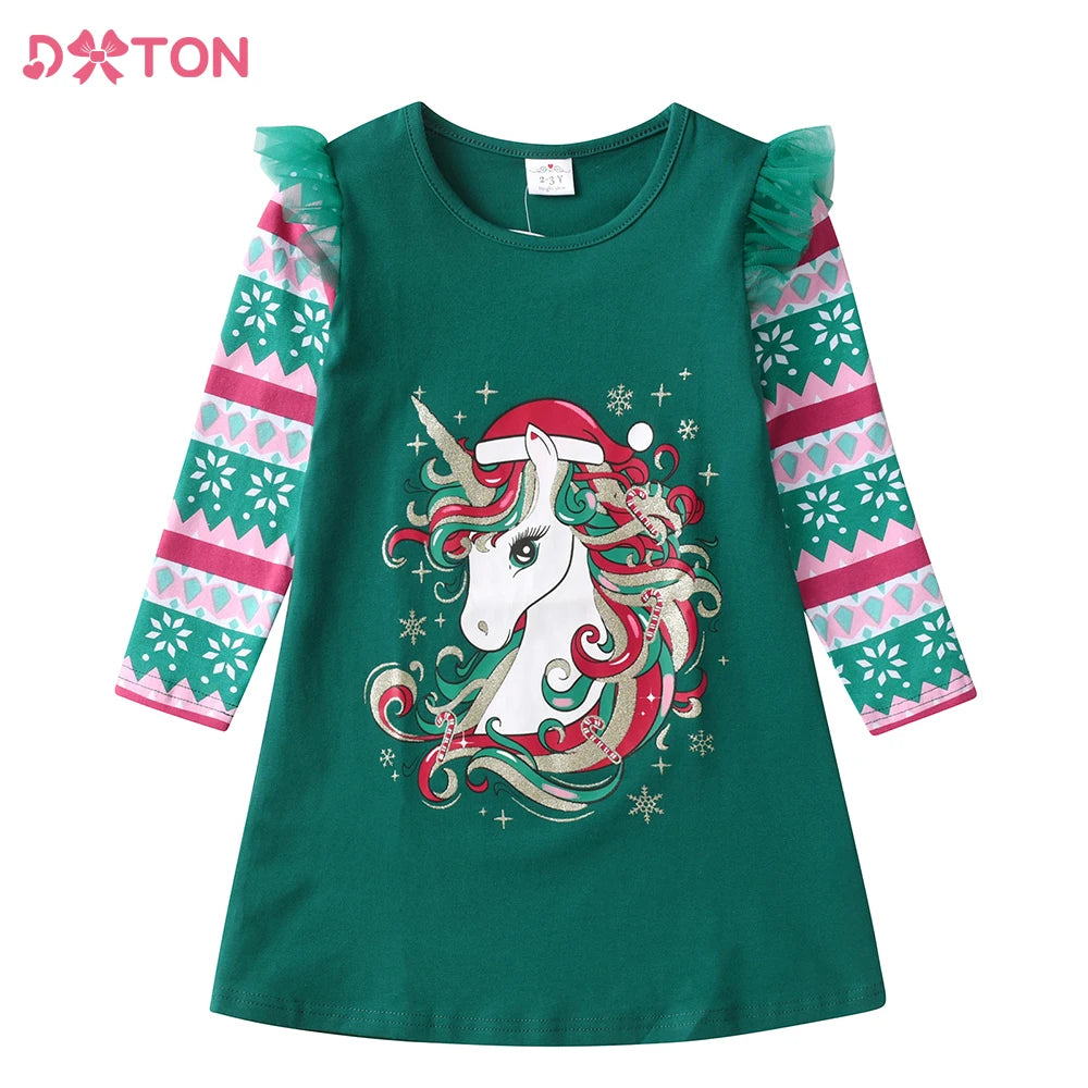 DXTON Girls Unicorn Cartoon Print Kids Green Cotton Print