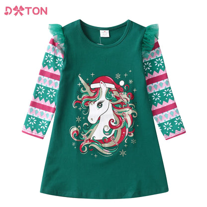 DXTON Girls Unicorn Cartoon Print Kids Green Cotton Print
