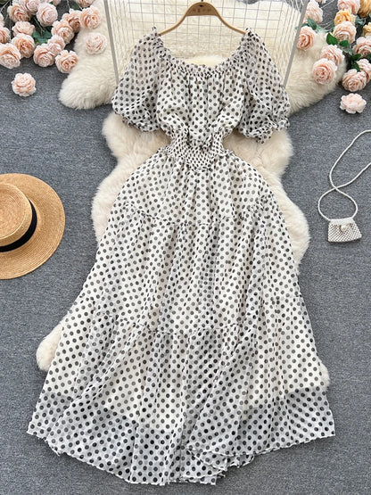 Summer Women Red/Green/White Polka Dot Chiffon Long Dress Beach Vacation Sexy Short Puff Sleeve High Waist A-Line Party Robe New