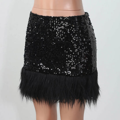 Mini Skirt For Hot Girl Women'S High Waist Sequin Feather Patchwork Wrap Hip Bodycon Mini Skirt Party Club Skirts With Zipper