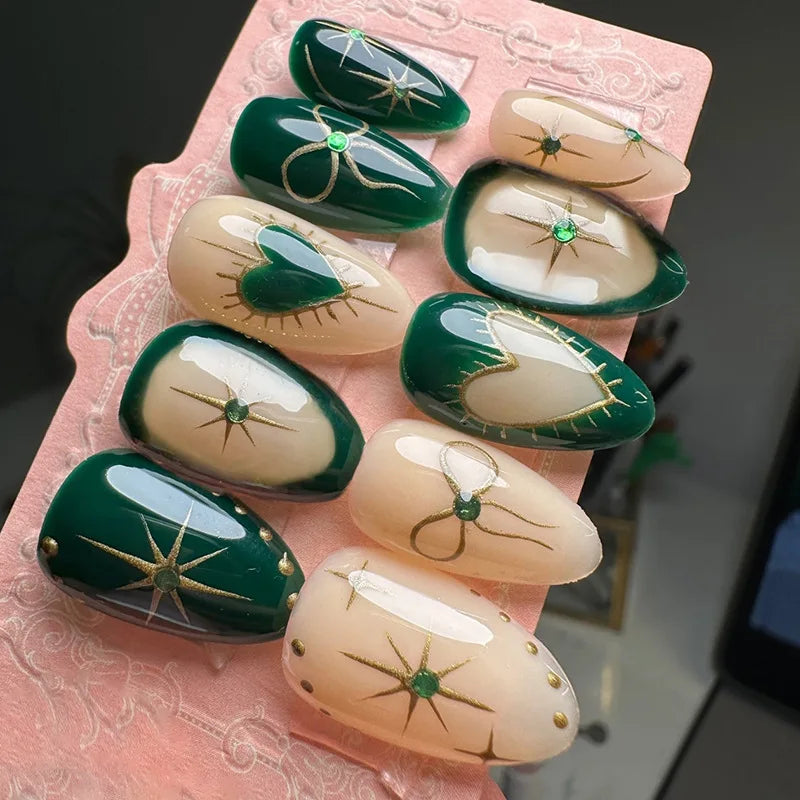 24Pcs 3D Green Ripple Design False Nails Cat's Eye French Almond Fake Nail Tips Leaves Pattern Removable Oval Press on Nails