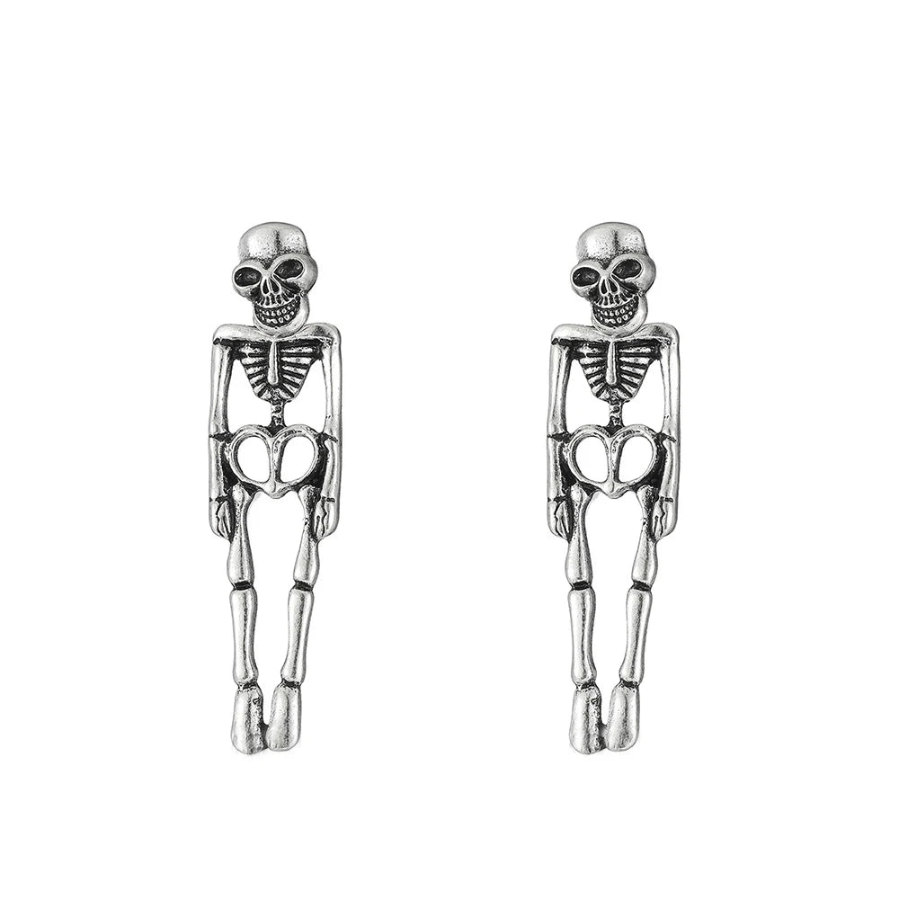 EtherealBe Halloween skeleton earrings for women in silver with detailed design