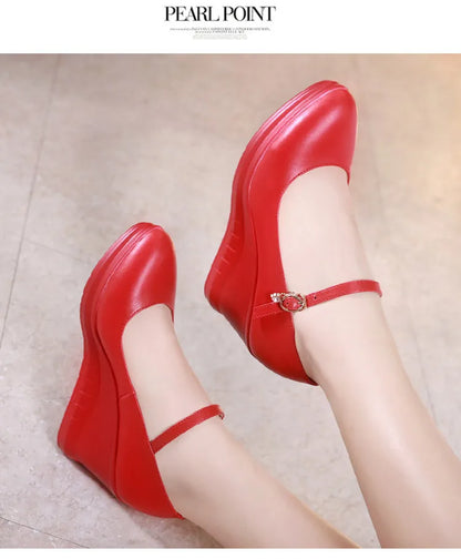 high quality leather shoe for women 7cm wedge high heel platform round toe 32 33 42 43 elegant and fashion shoe white red black