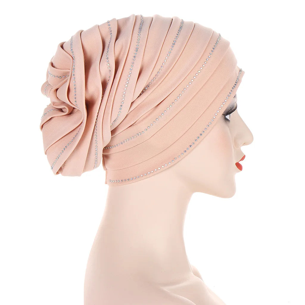 2024 New Rhinestones Women's Pleated Turban Cap Candy Color African Hat Nigeria Geles Muslim Headscarf Bonnet Ladies Head Wraps