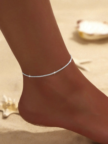 Summer Shiny Sparkling Simple Silver Color Anklet Zircon Cross Love Pearl Double Layer Bracelet On Leg Foot Trendy Beach Jewelry
