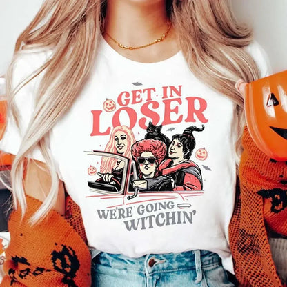 EtherealBe Halloween printed t-shirt for women featuring spooky characters and playful text design