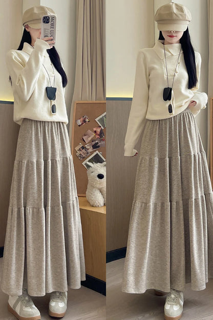 Autumn Casual Knit Pleated Skirt for Women Elegant Solid Color A Line Long Skirts Korean Streetwear High Waist Patchwork Skirt