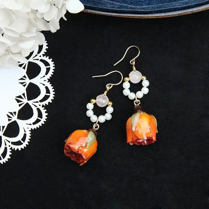 Unique Immortal Flower Earrings Elegant Natural Flower Pearl Drop Earrings Statement Jewelry Epoxy Resin Real Rose Earring 2024