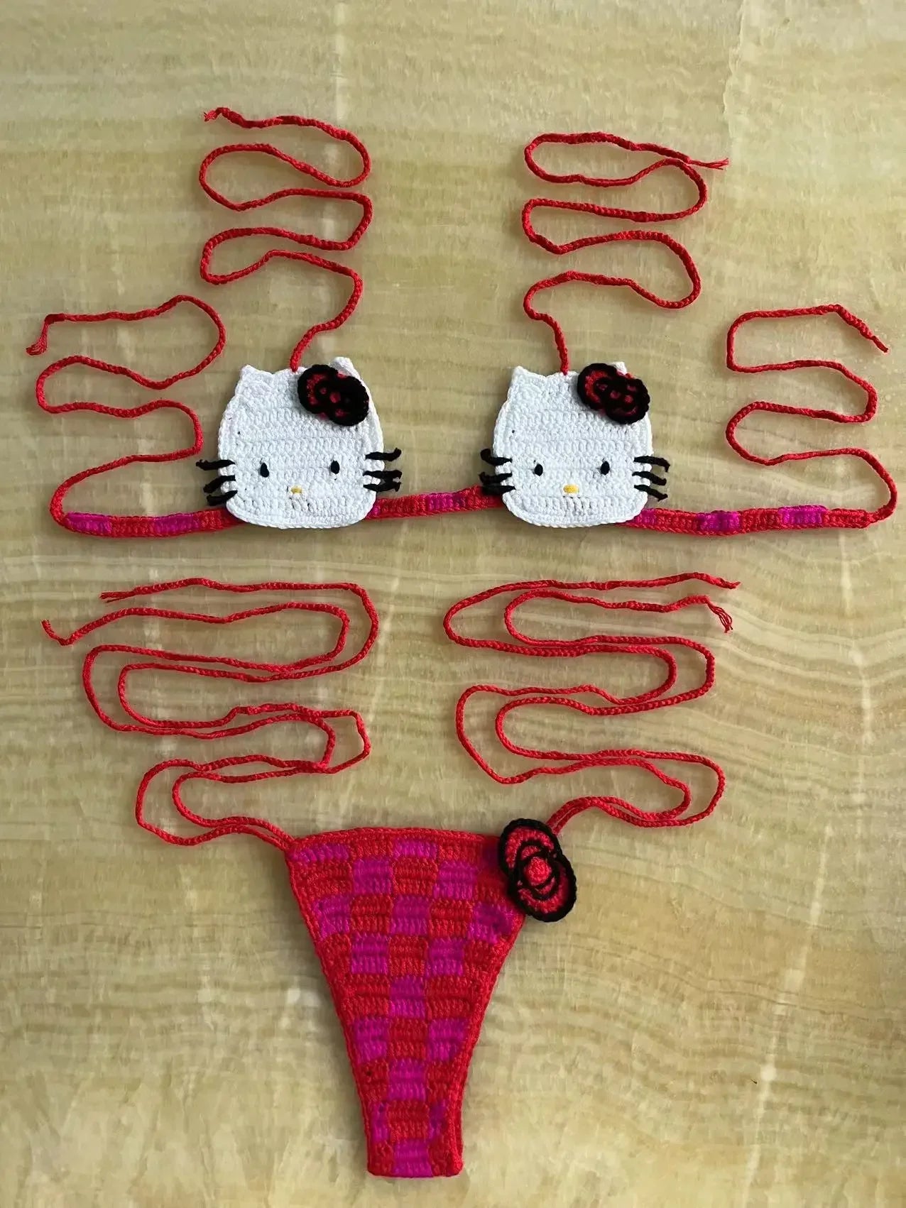 Sanrio Crochet Bikini Set Cute Girls Swimsuits Hello Kitty Sexy Bathing Suit Micro Ties Bikinis Beachwear Women Swimming Suit