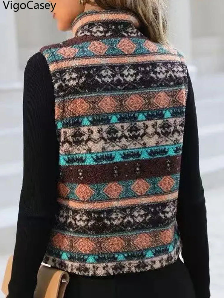 VigoCasey 2025 Casual Print Zipper Thick Vest Coat Woman Sleeveless Warm Plush Waistcoat Lady Autumn Winter Short Vest Jacket