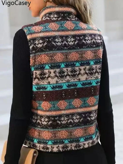 VigoCasey 2025 Casual Print Zipper Thick Vest Coat Woman Sleeveless Warm Plush Waistcoat Lady Autumn Winter Short Vest Jacket