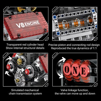 Brick V8 Engine Motorized Simulation Model Electrically Drive Building Blocks Technical Car Parts Creative Toys Gifts Boys Adult