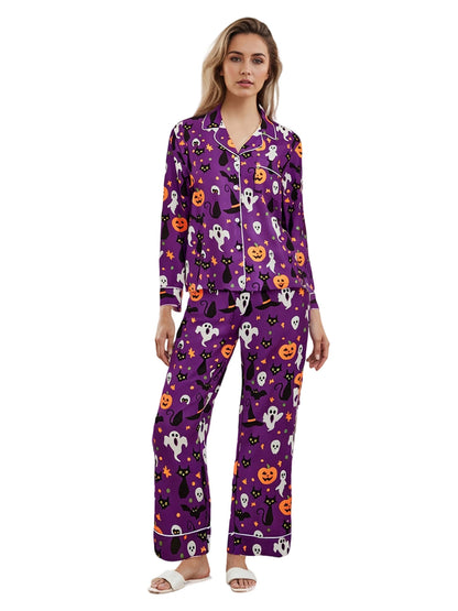 Women Halloween Pajama Set Pumpkin Ghost Long Sleeve Tops + Pants For Nightwear Homewear Casual Wear