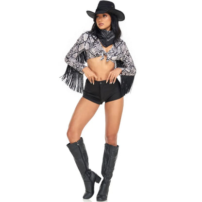 EtherealBe sexy cowboy costume for women featuring a fringe top, shorts, and knee-high boots