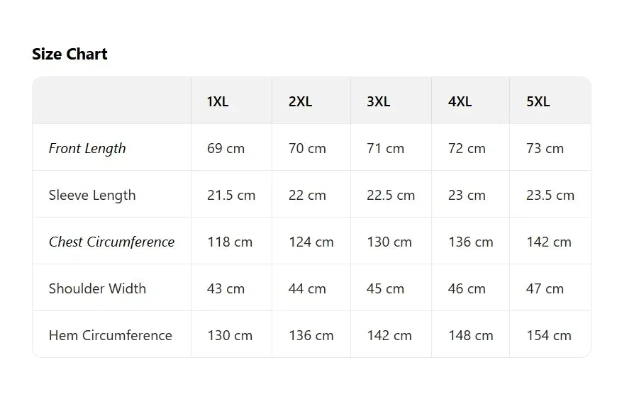 Plus size Halloween witch shirt size chart showing measurements for 1XL to 5XL sizes