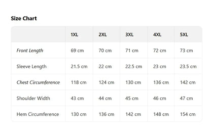 Plus size Halloween witch shirt size chart showing measurements for 1XL to 5XL sizes