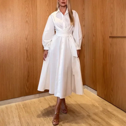 Summer New Women's Casual Long Sleeve Pure Color Slimming Dress Shirt Empire Waist Ankle Length Polo Collar Cross-Border Fashion