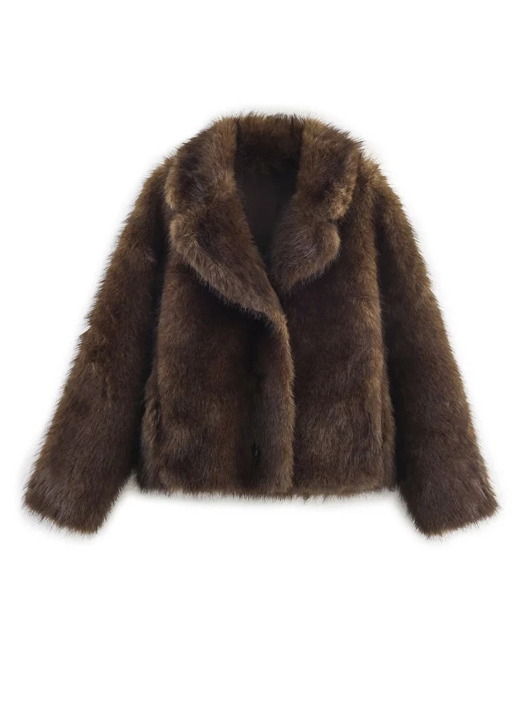 HH Winter Woman Elegant Casual Warm Coat Women Lapel Buttons Pocket Long Sleeves Outwear Reversible Faux Fur Effect Jacket
