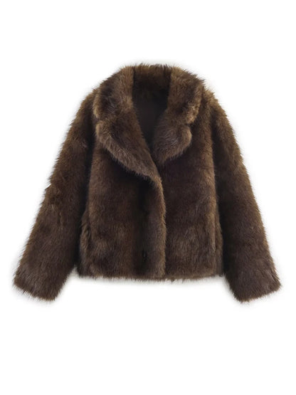 HH Winter Woman Elegant Casual Warm Coat Women Lapel Buttons Pocket Long Sleeves Outwear Reversible Faux Fur Effect Jacket