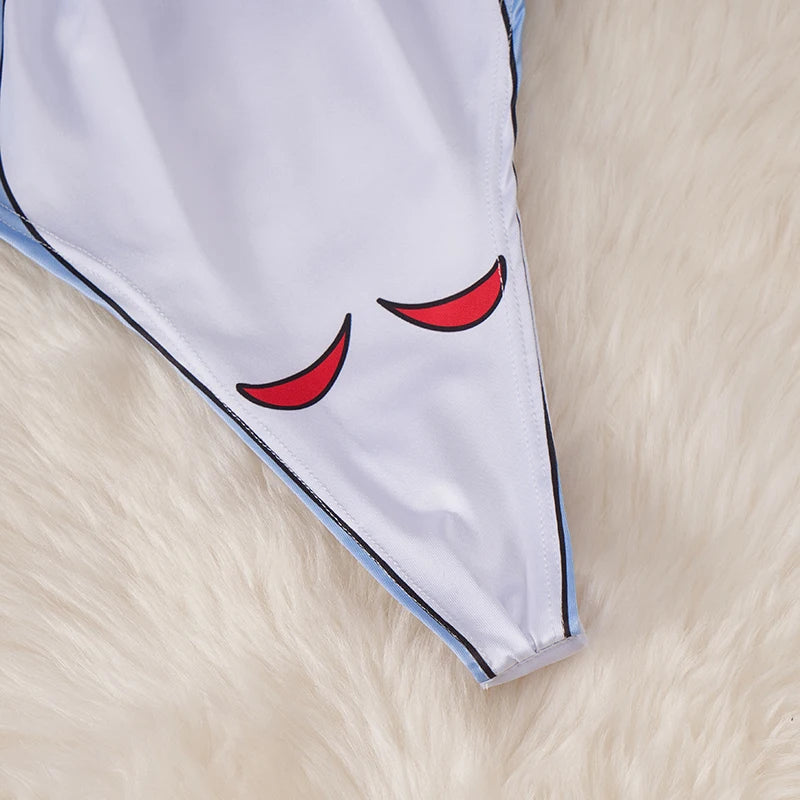 White kawaii cartoon bodysuit costume for women with red smiling eye print and blue trim on faux fur