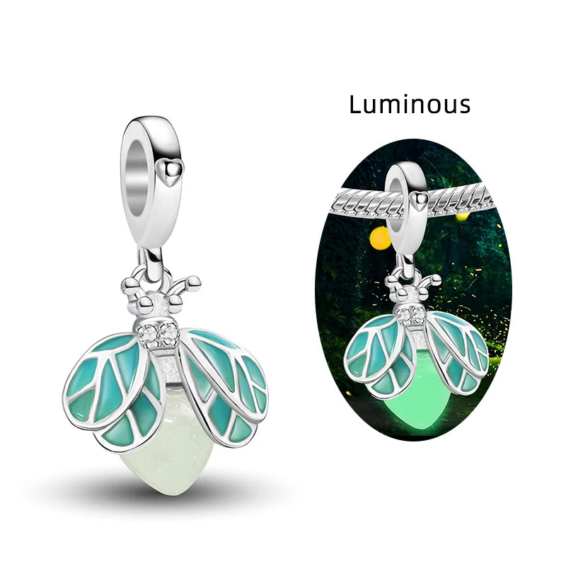 Original 925 Sterling Silver Charms Beads Glowing Luminous Bee Firefly Butterfly Pendant for Bracelet Bangle Charm DIY Jewelry