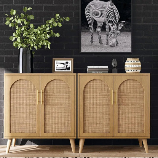 Set of 2 Rattan Storage Cabinet with Doors, Accent Bathroom Floor Cabinet, Modern Sideboard Buffet Cabinet for Living