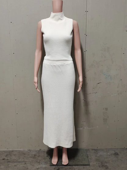 Autumn Elegant Long Skirt Two-piece Set Women's Sleeveless Knitted Turtleneck Vest Slim Skirt Set Female New Fashion Skirt Set