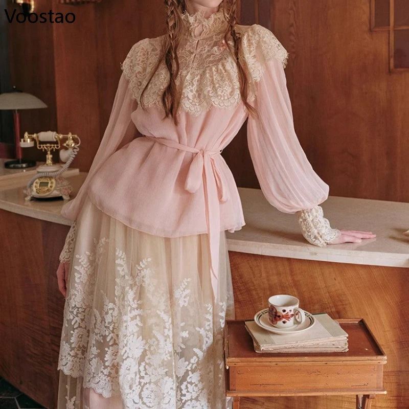 France Style Elegant Sweet 2 Piece Set Women Vintage Lace Patchwork Long Sleeve Blouse Top Mesh Skirt Suit Female Lolita Outfits