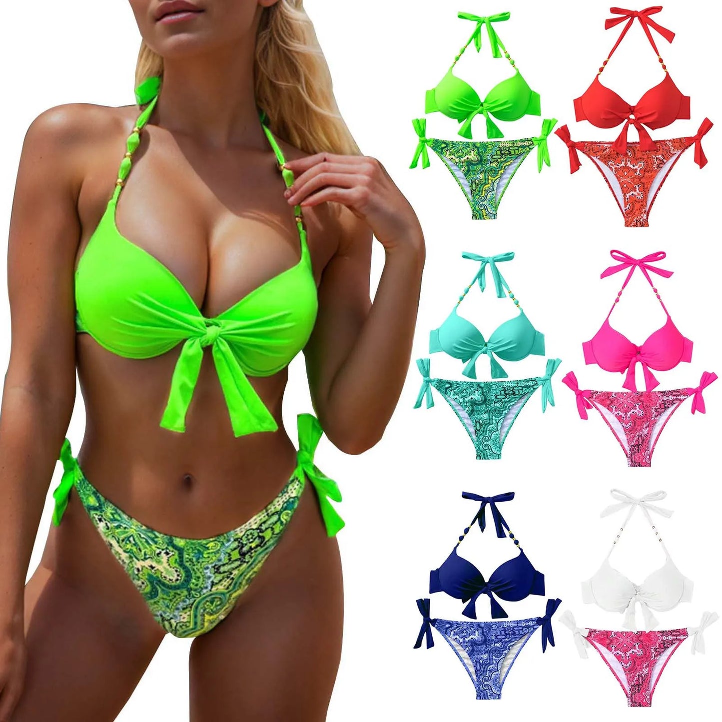 Women's Bikini Set Solid Color Hanging Neck Suspender Tops And High Waist Bow Knot Lace Up Sexy Bikini Trend Split Swimsuit