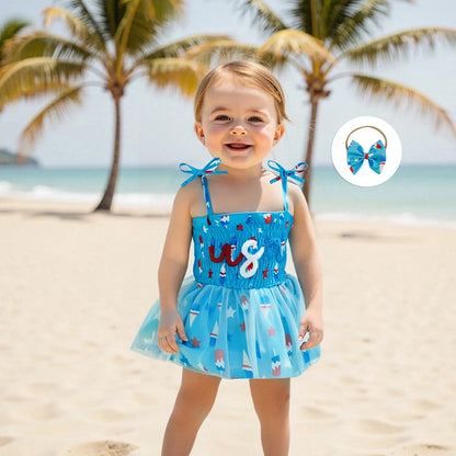 Infant Girls Patriotic Romper Dress with Sleeveless Design Embroidered Letters and Matching Headband for Independence Day