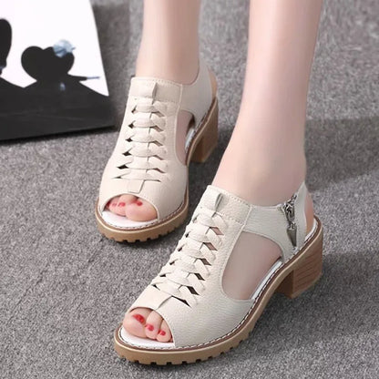 Comemore 2021 New Women's Square Heel Summer Shoes Leather Zip Gladiator Sandals Medium Heel Zip Platform Sandals High Heels 43