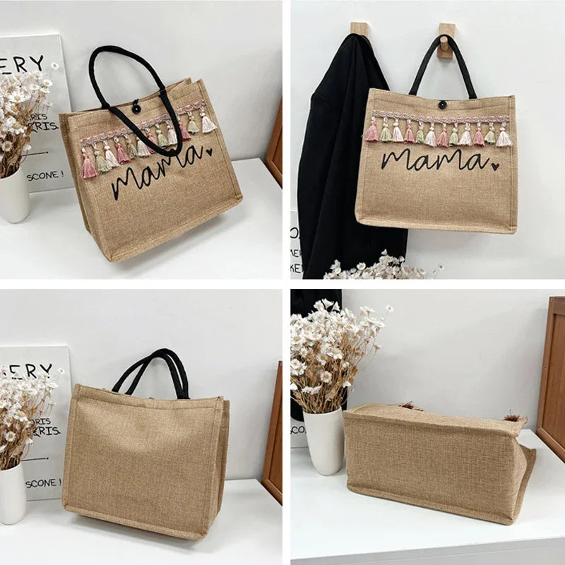 Women Tote Bag Mama Letter Printing Casual Fashion Linen Handbag Large Capacity Shopping Shoulder Bag Mother’s Day Gifts for Mom