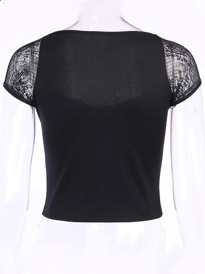 Women's Vintage Gothic T-shirt Bodycon Bandage Lace Black Mesh Top Sexy Casual Gothic Streetwear Female Top