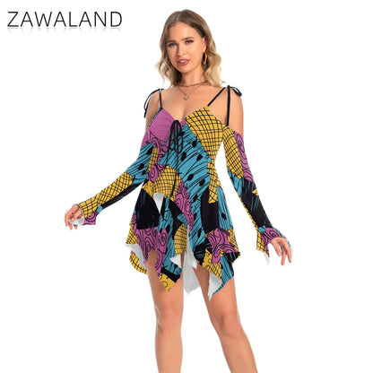 Zawaland Christmas Horror Sally Cosplay Costume Zombie Dress for Women Halloween Dress Up Funny Party Dresses Leggings Suit