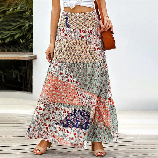 Women Skirts New Fashion All-Match Skirt Loose Elastic Waist Floral Print Ethenic Style Boho Skirt Bohemian Vintage Skirt
