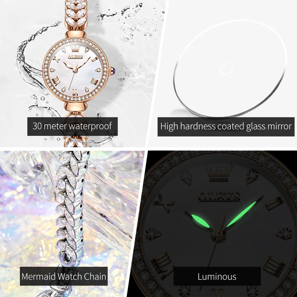 OLEVS 9971 Women's Watches Elegant Fashion Original Wristwatch Waterproof  Fish Bone Strap Luminous Hand Diamond Bezel Reloj