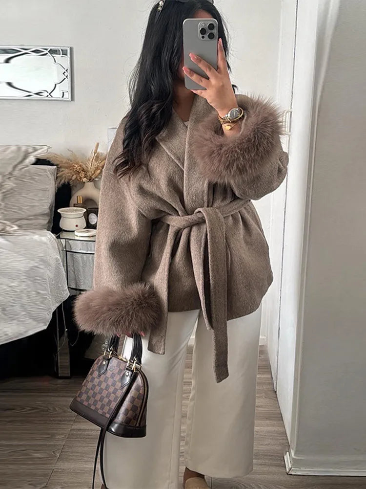 2025 Chic Lapel Plush Coat With Belt Women Vintage Solid Faux Fur Sleeve Tweed Open Coats Female Autumn Casual Street Outwear