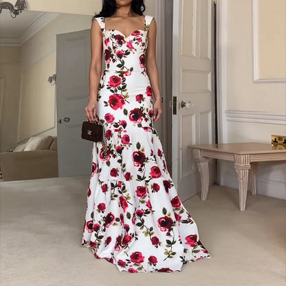 Ellafads Maxi Dress Women Summer Elegant Fashion Floral Print Suspender Sleeveless Slim Backless Evening Beach Maxi Dresses