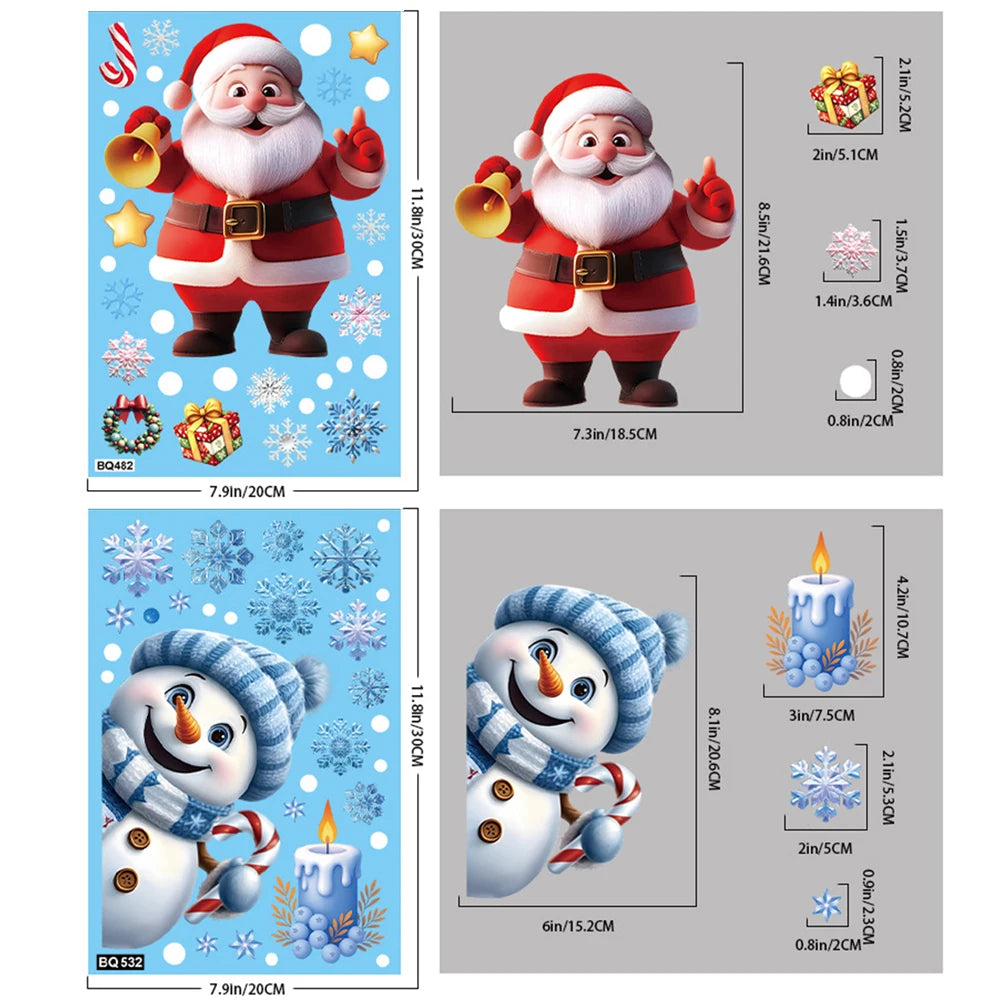 Christmas Window Static Clings Snowman Santa Claus Snowflake Reindeer Cute Xmas Decoration Decal Sticker Home Ornaments Supplies