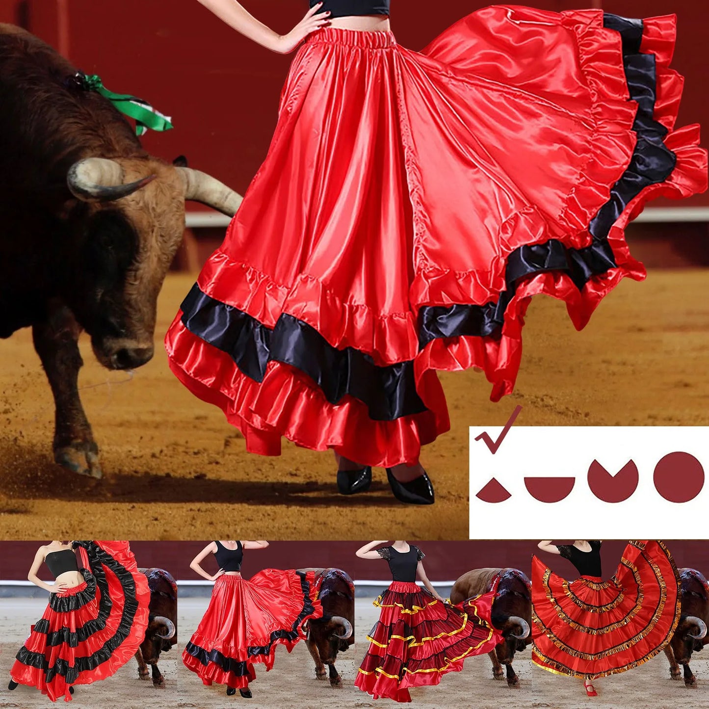 Womens Spanish Bull Dance Skirt Belly Dance Skirt Large Swing Skirt Ruffle Long Full Folkloric Mexican Skirt Flowy Dancing Dress