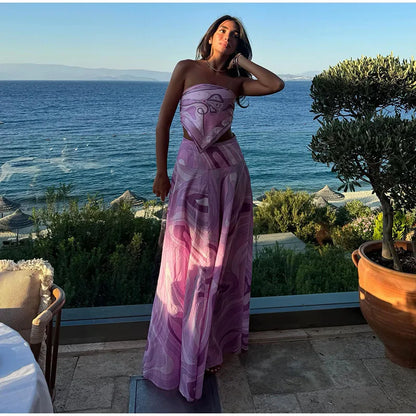 Geometric Print Cape Women's Set Loose Batwing Sleeve Top Flowy Maxi Skirt 2025 Summer Elegant Suit Holiday Fashion Lady Sets