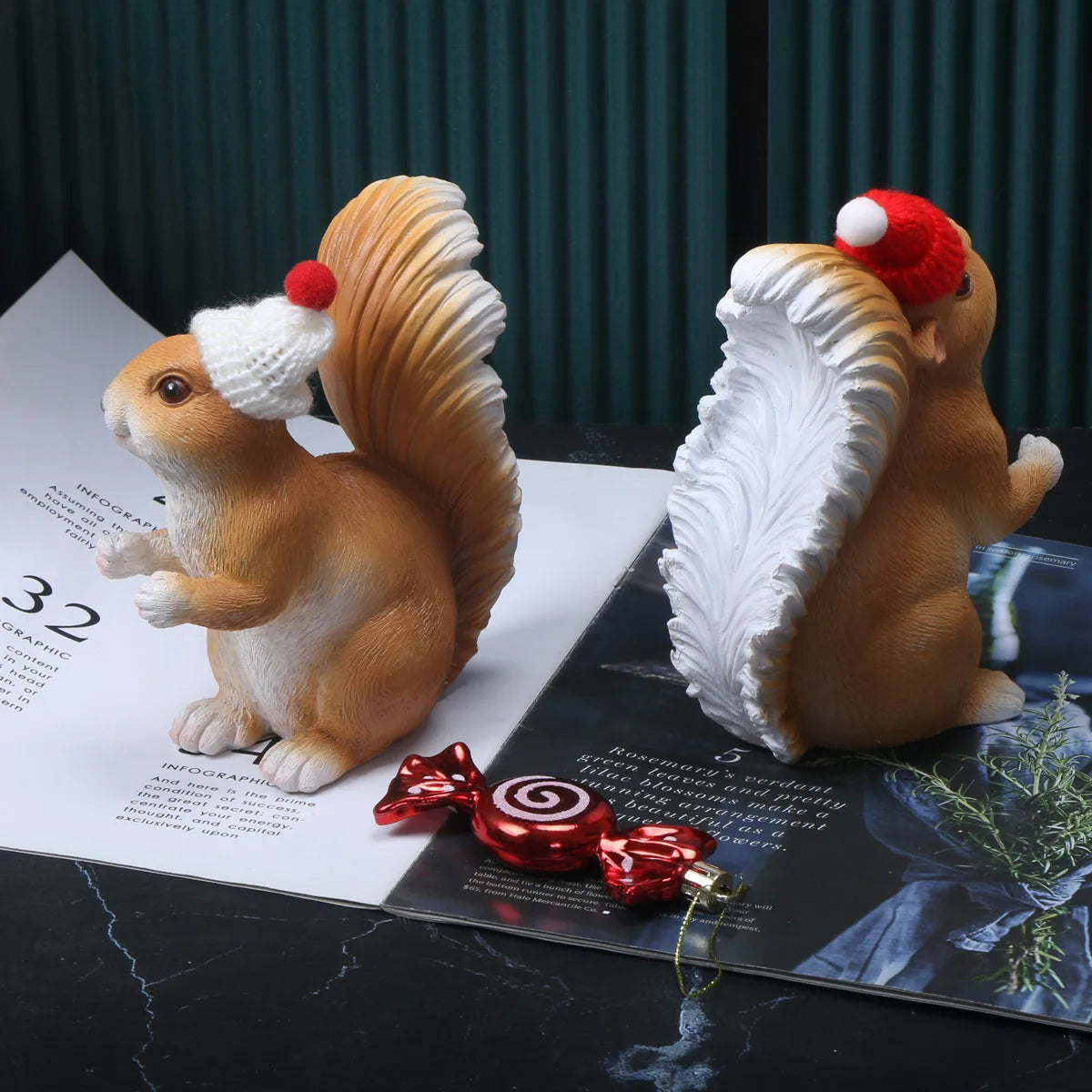 1 set of Christmas squirrels holding gifts and holiday decorations