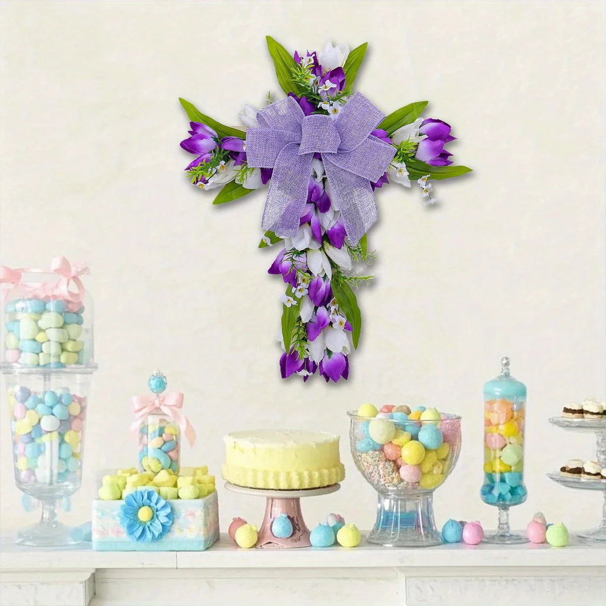 Purple tulip cross wall hanging adorned with a lavender bow and floral accents for decorative charm